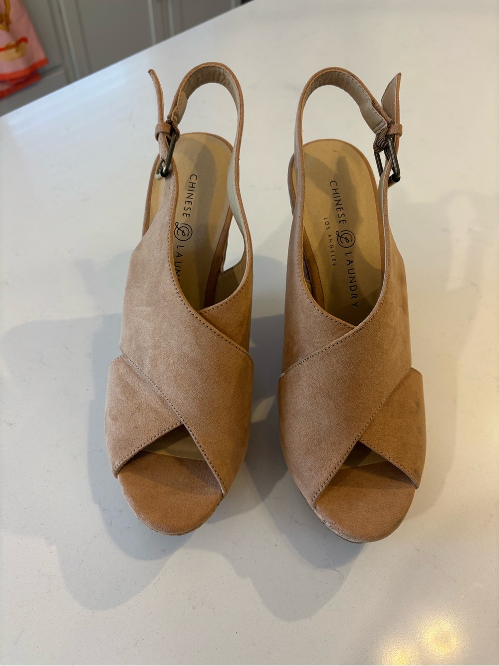 Chinese Laundry Myya Tan Suede Crisscross Peep-Toe Wedges